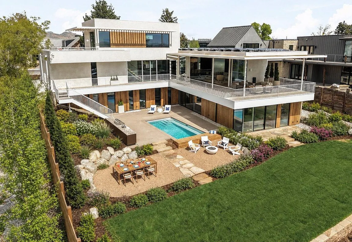 Aerial view of the pool deck and dining terrace at 1750 Sunset Blvd