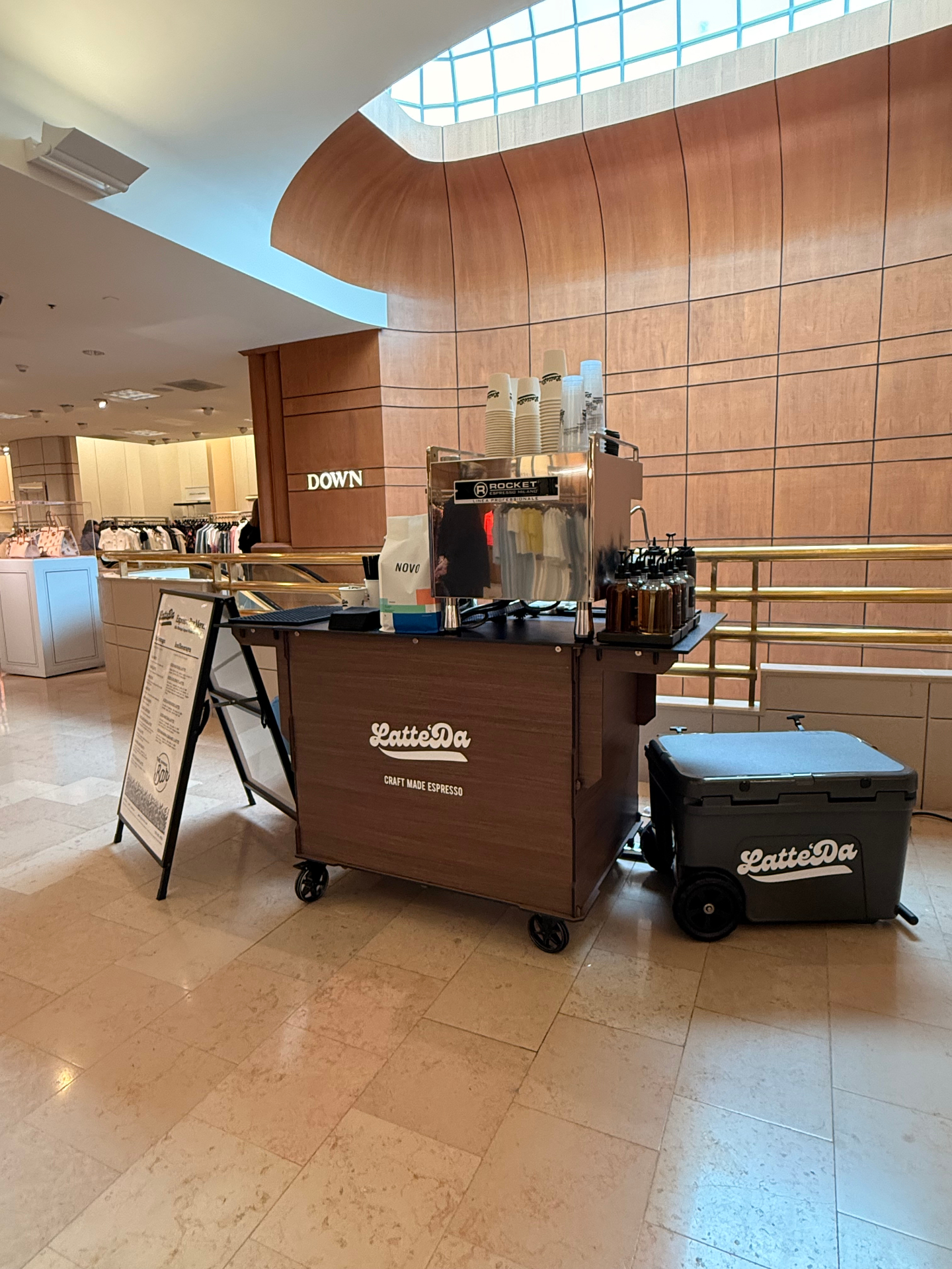 Latte'Da espresso cart set up inside Neiman Marcus at Cherry Creek, Colorado