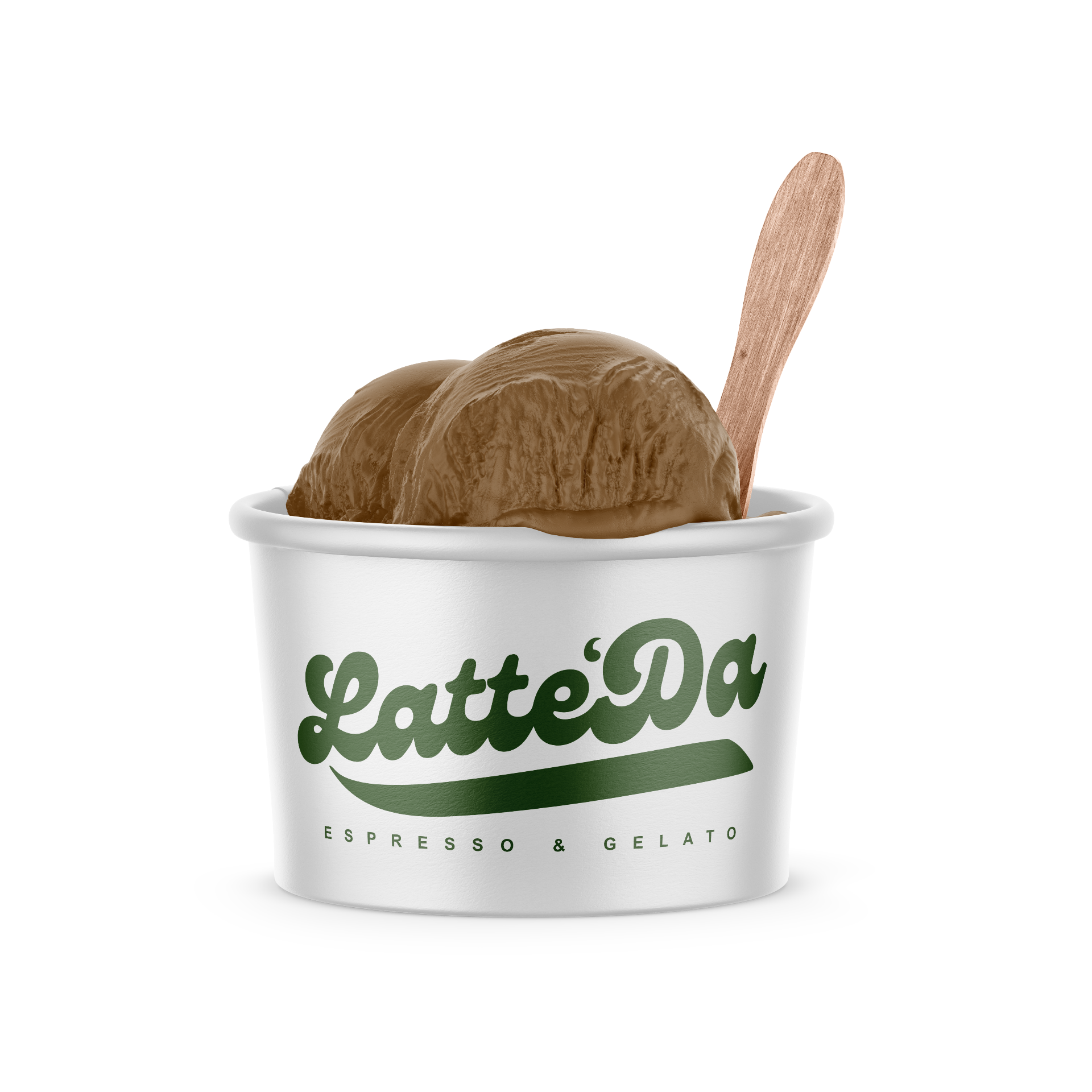 Latte'Da branded cup of chocolate gelato with a wooden spoon